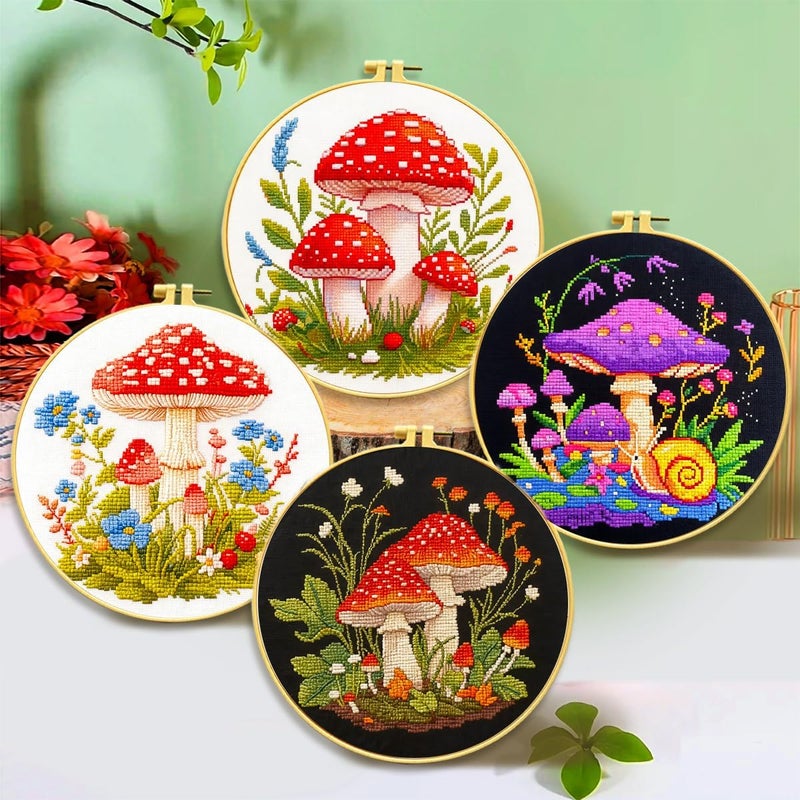 Zhenqing 4 Mushroom Cross Stitch Kit for Beginners, 11CT Printed White Cotton Fabric 24x24cm with Hoop, Fantasy Forest Embroidery Set（69036） - Image 1